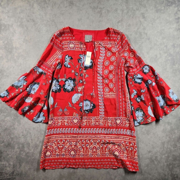 Anthropologie Vanessa Virginia Dress Size 0 Red Boho 100% Silk Isabelle Floral - Picture 2 of 12